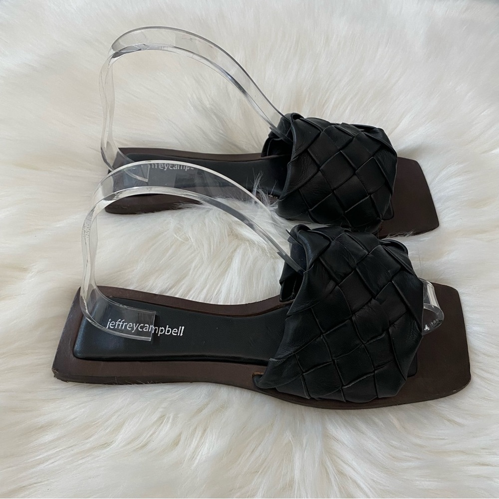 Jeffrey Campbell Black Leather Woven Square Toe Slides Costelo Sandals Size 9